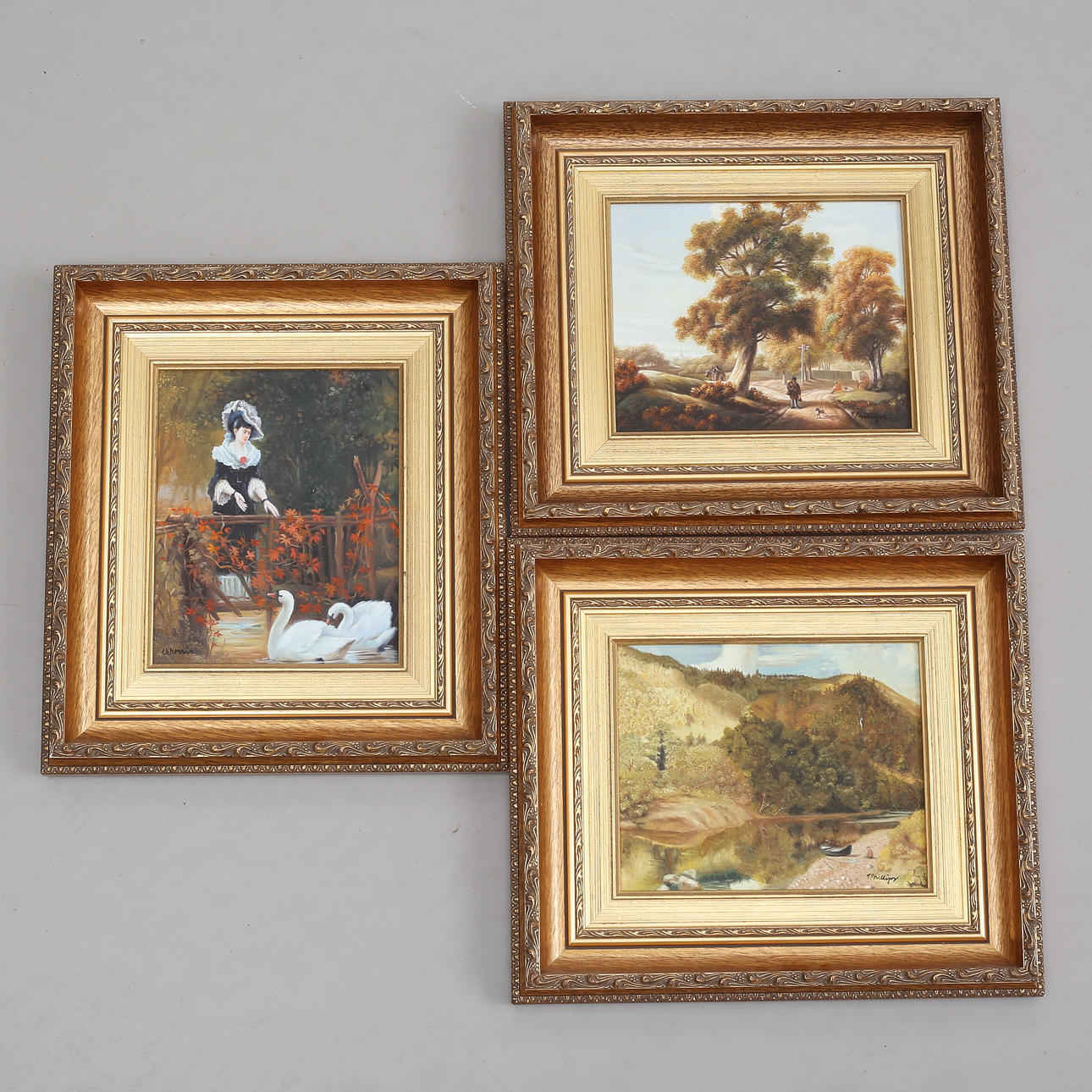OIDENTIFIERAD KONSTNÄR. 3 nature scenes, old style, oil on panel, signed possibly Phillips and Morris.