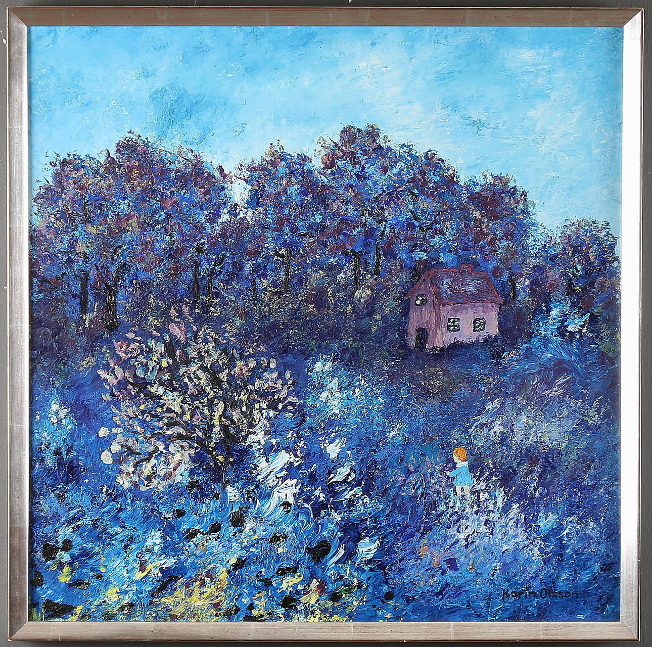 KARIN OLSSON. Torpet vid blå skogen, olja på pannå, signerad.