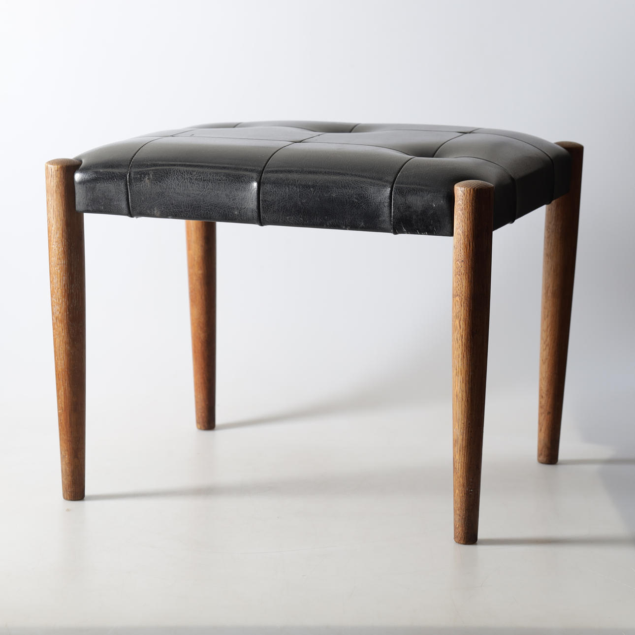 STOOL, oak & faux leather, 1960s.