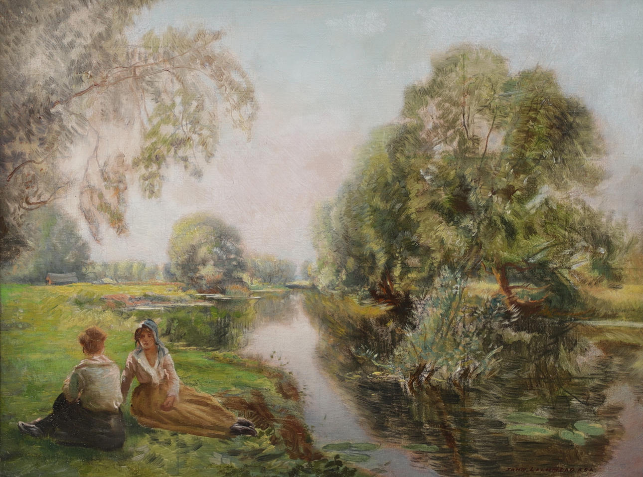 JOHN LOCHHEAD. "A river idyll". Oil on canvas, signed.