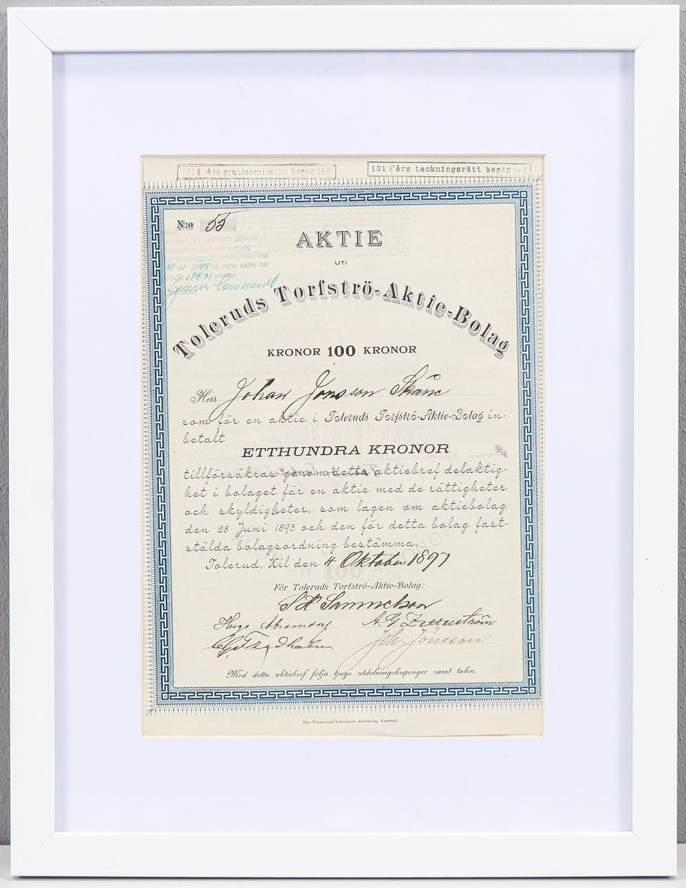 SHARE CERTIFICATE Toleruds Torfströ-Aktie-Bolag.