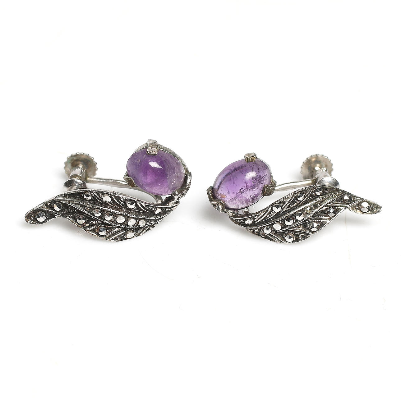 ÖRHÄNGEN, silver, markasiter och ametister, sannolikt Danmark, 1920/30-tal.