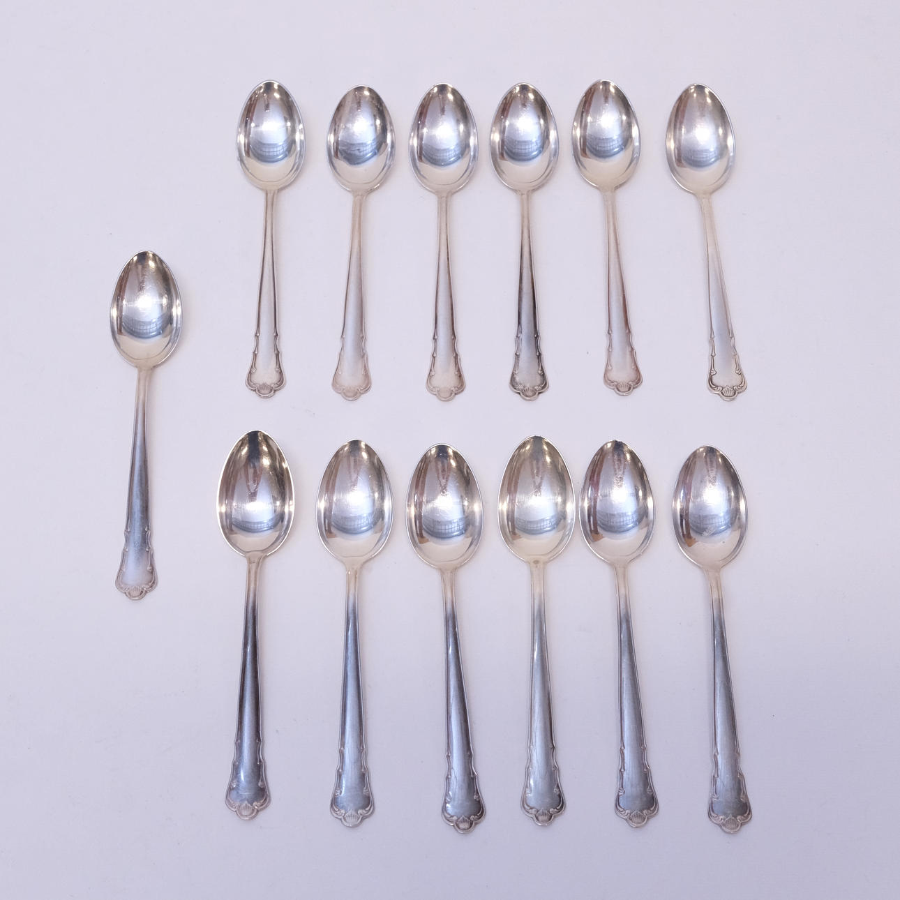 COFFEE SPOONS, "INGRID", SILVER, 13 PIECES.