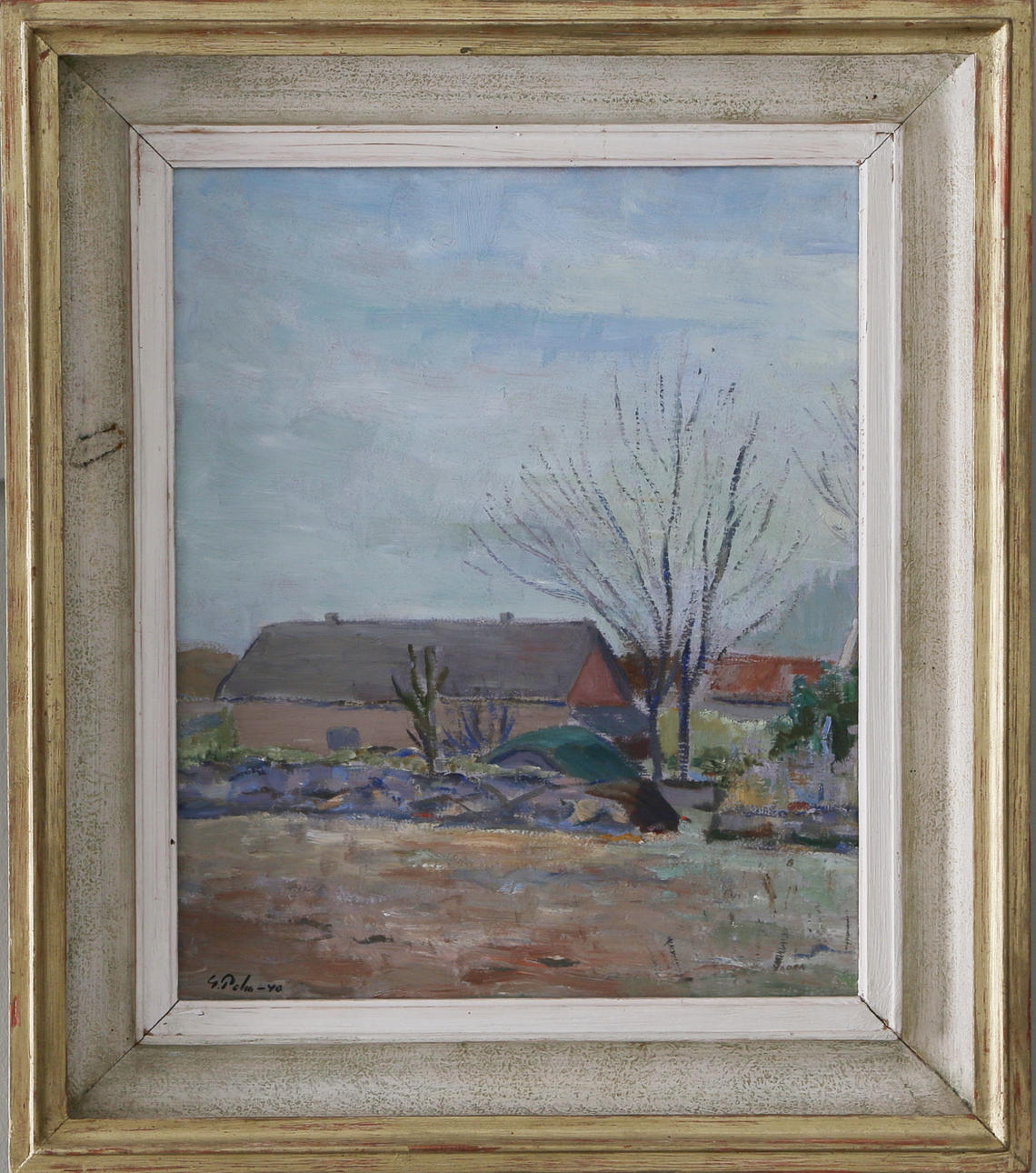 GÖSTA PALM. Gårdsmotiv, olja på pannå, signerad och daterad.