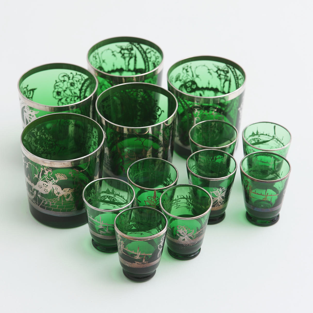 DRINKING GLASSES WITH SILVER-PLATED DECORATION, 13 pieces.