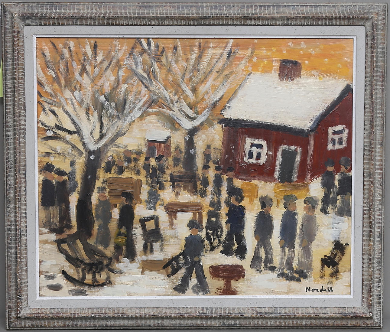 ESKIL NORDELL. "Auktion vid Torpet". Olja på pannå. Signerad.