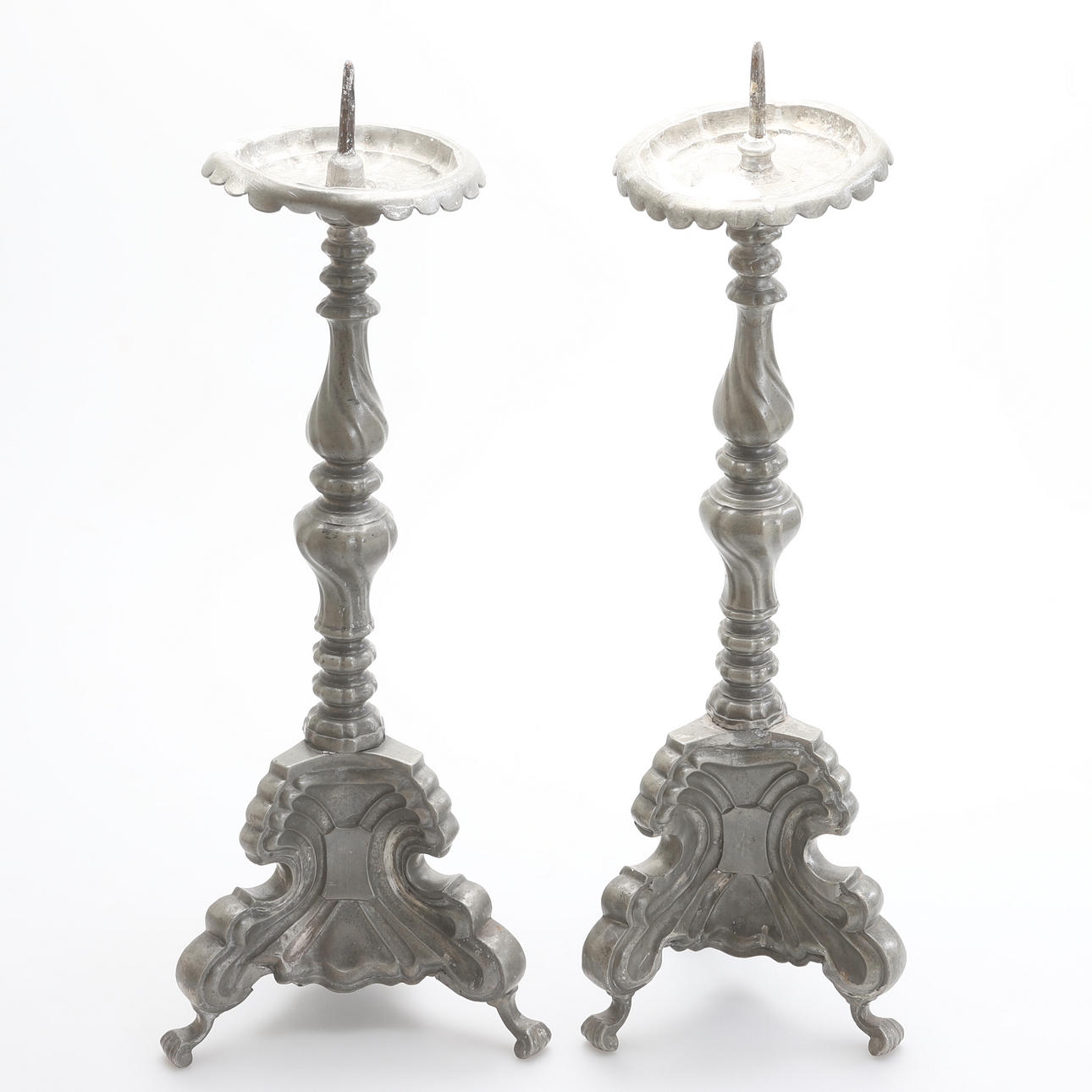 ALTAR CANDLESTICKS, a pair, pewter.