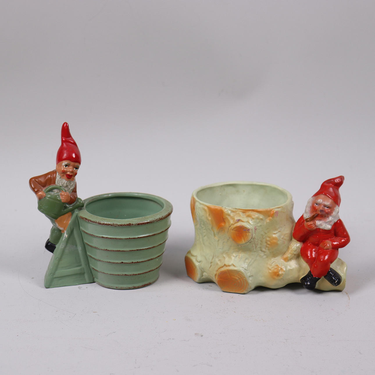 GNOMES with pot, Germany, painted terracotta, 2 pcs.