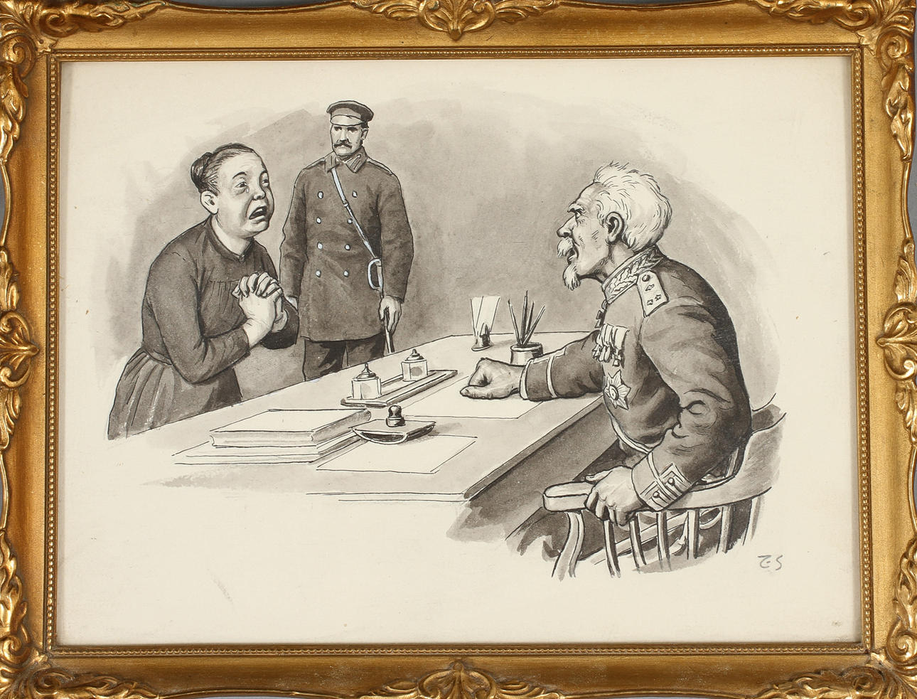 OIDENTIFIERAD KONSTNÄR, figurscen, tusch, monogramsign.