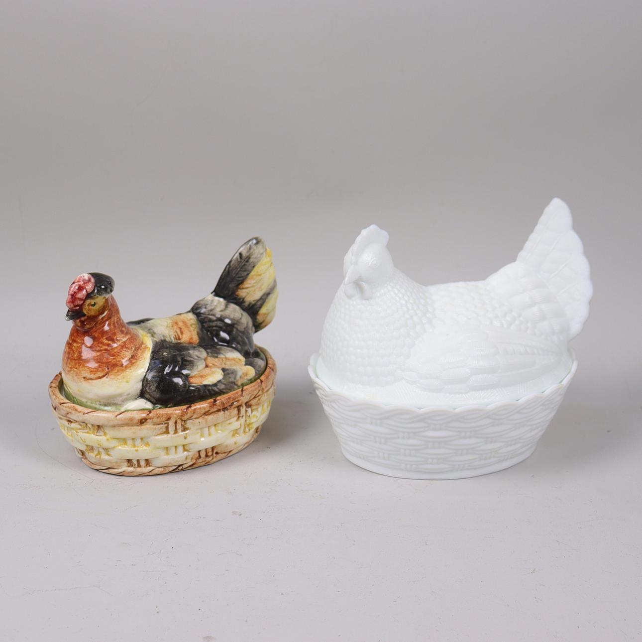 EGG HEN, earthenware and white pressed glass, 2 pcs.