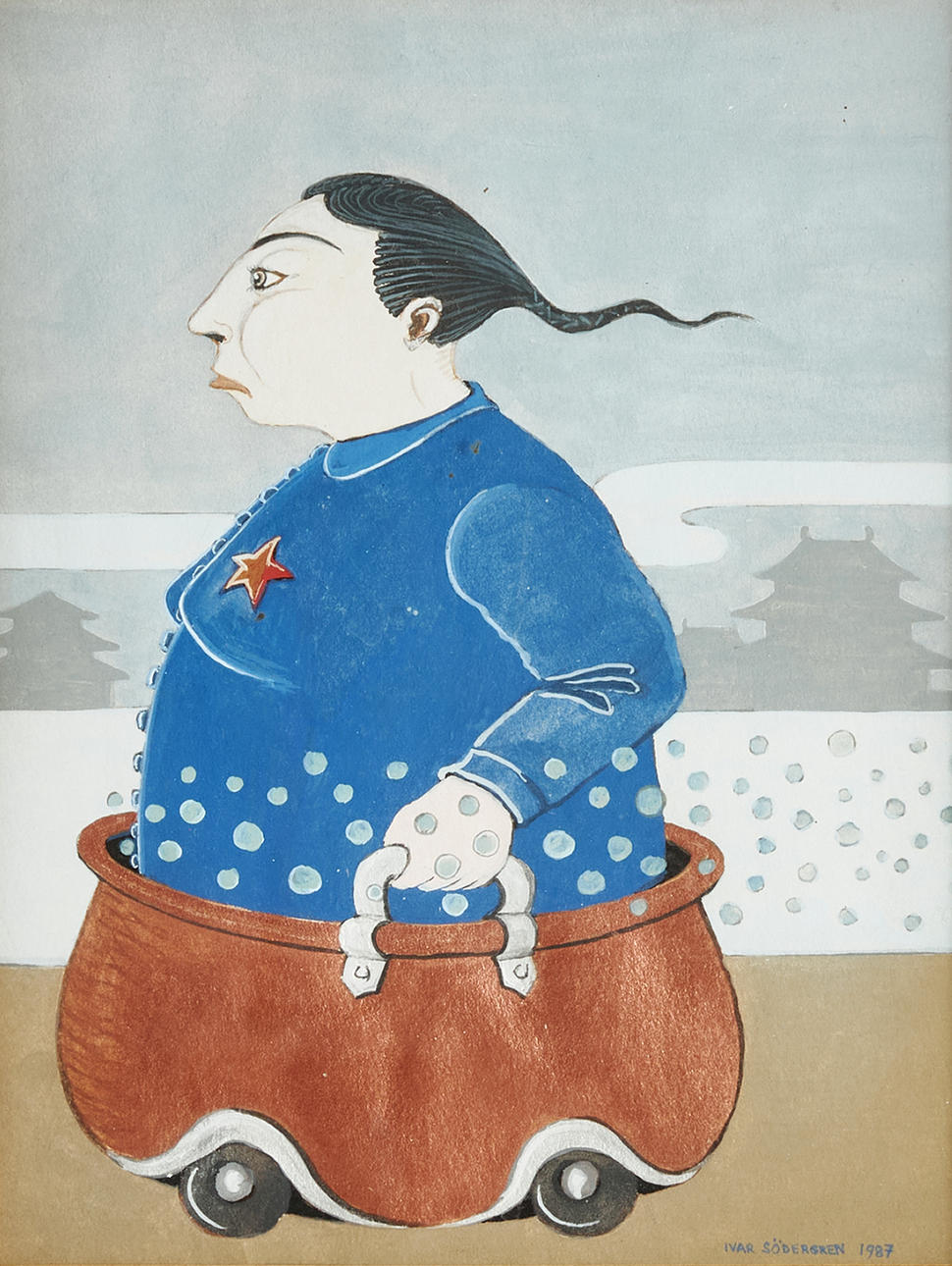 IVAR SÖDERGREN (FÖDD 1949). Figurkomposition med kvinna i kopparkittel, signerad, daterad 1987, gouache