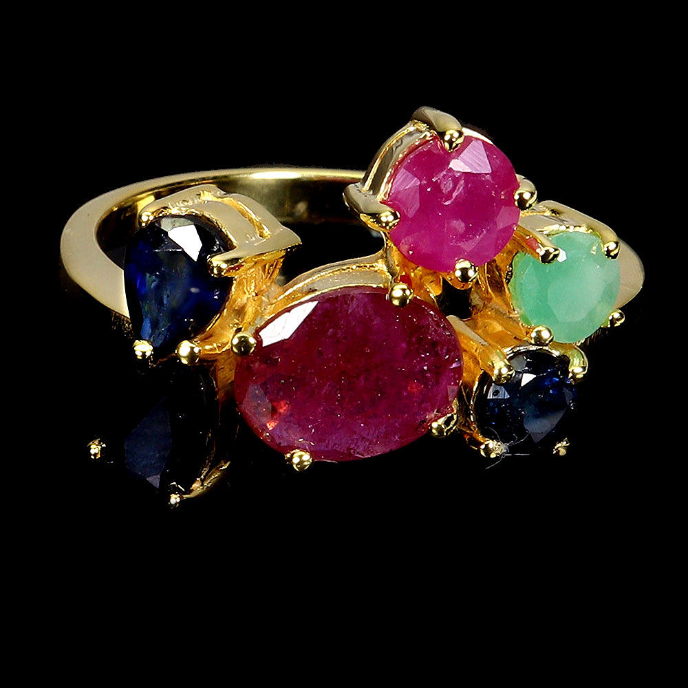 SAPPHIRE, EMERALD AND RUBY SILVER RING.