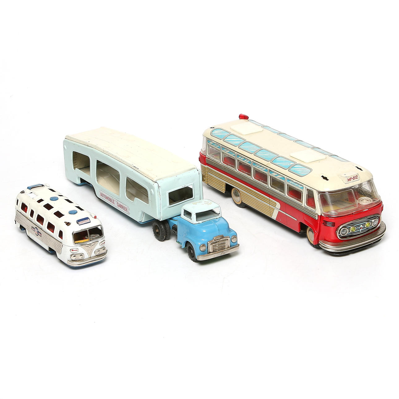 LEKSAKSBILAR, 3 st. plåt, buss "Shanghai MF-812", buss "Airporter S-4534", Japan, Kina, samt BILTRAILER, "Automobile Carrier".