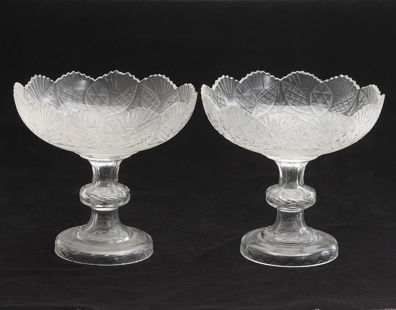 COMPOTES, 2 pieces, glass, early 20th century.
