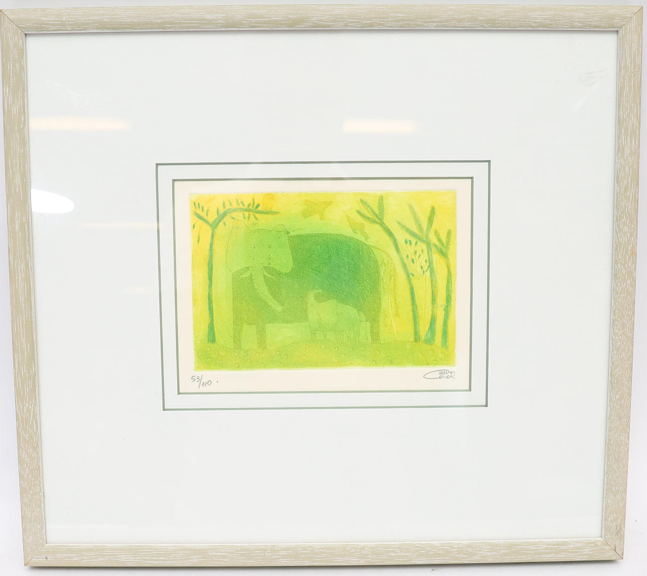 OIDENTIFIERAD KONSTNÄR. Motif with elephant, color etching, indistinctly signed.