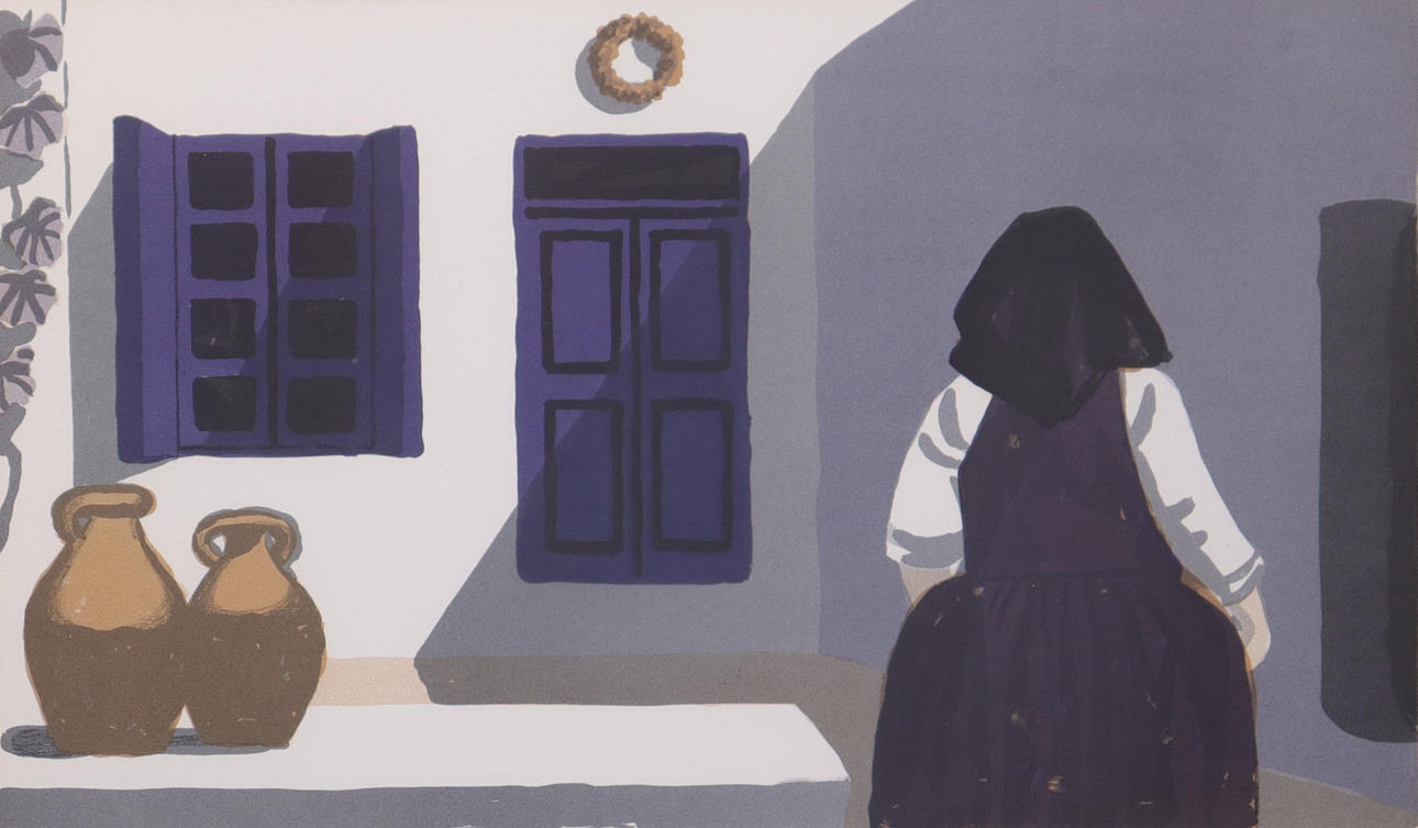 LARS NORRMAN. lithograph, facade with woman.