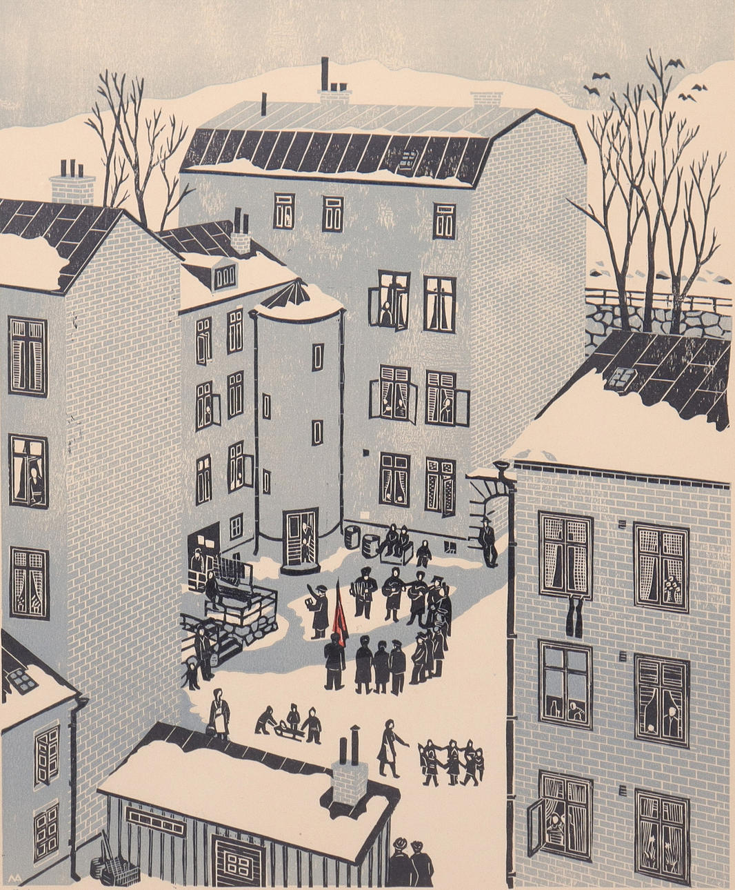 NILS ASP. lithograph, The Salvation Army in a backyard.