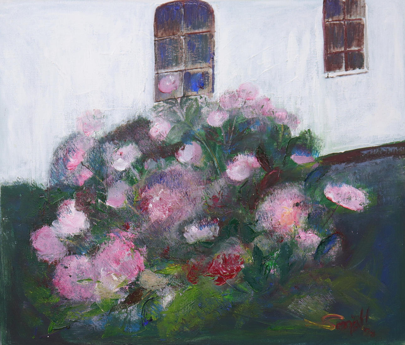 SONJA HAGLUND. oil on canvas, flowering shrubbery.