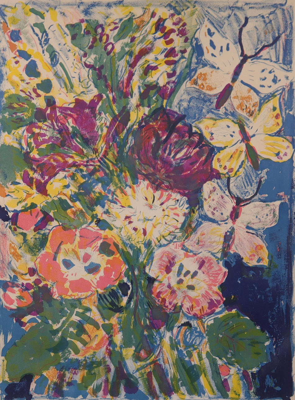 ALBIN AMELIN. lithograph, flowers with butterflies.