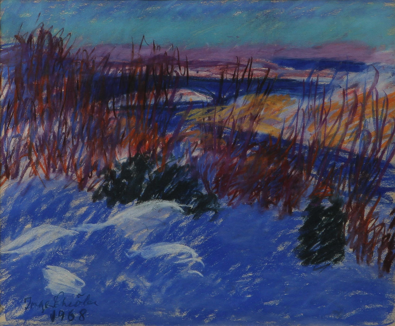 INGE SCHIÖLER (1908-1971). Kustvy från Koster. Pastell.
