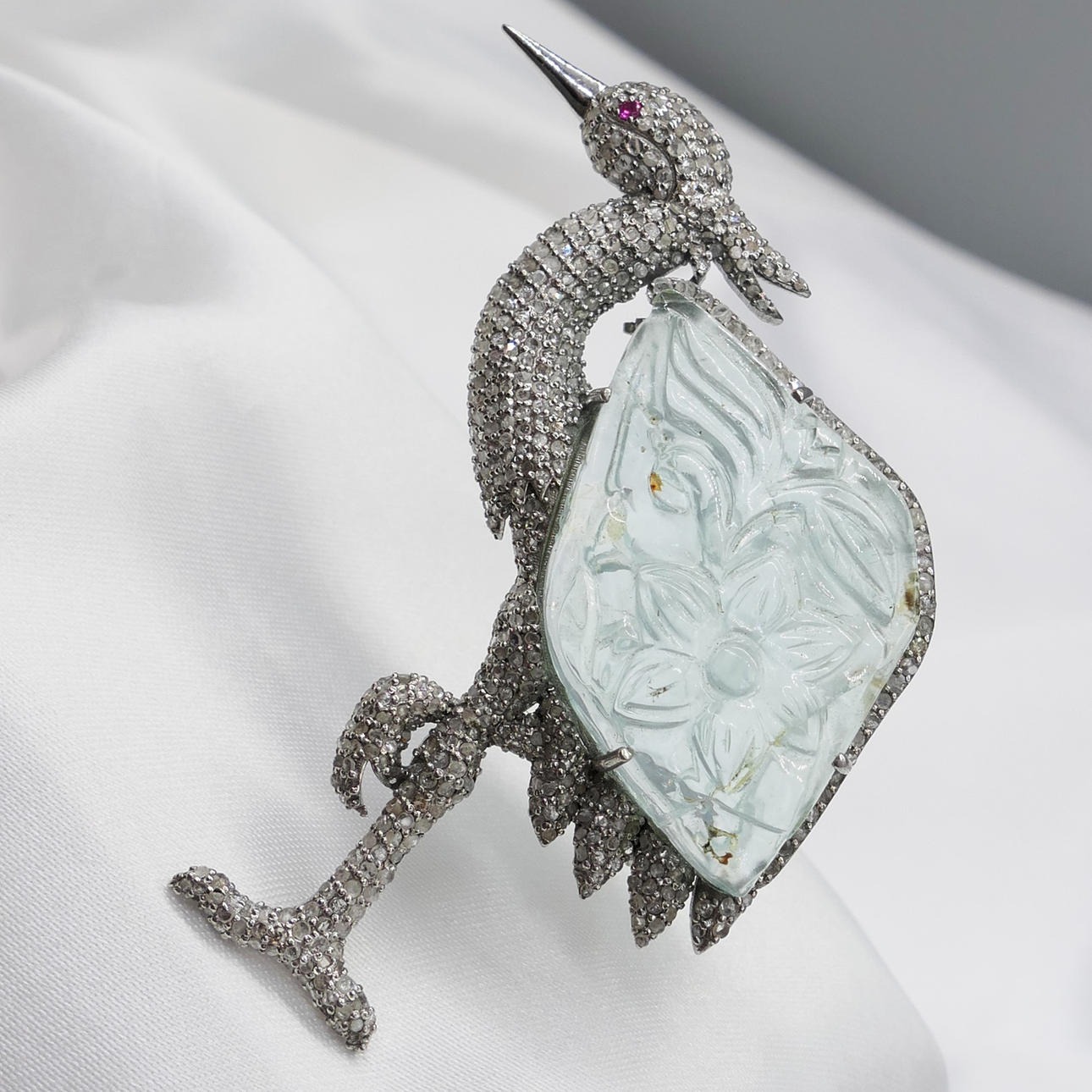 EXOTIC AQUAMARINE bird brooch.