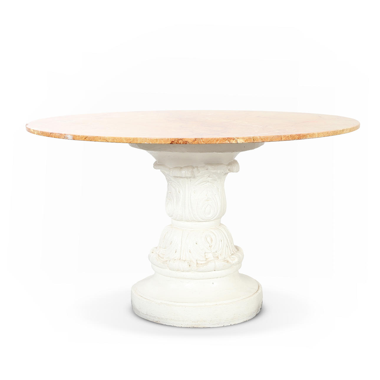 Dining table of cast concrete and marble.