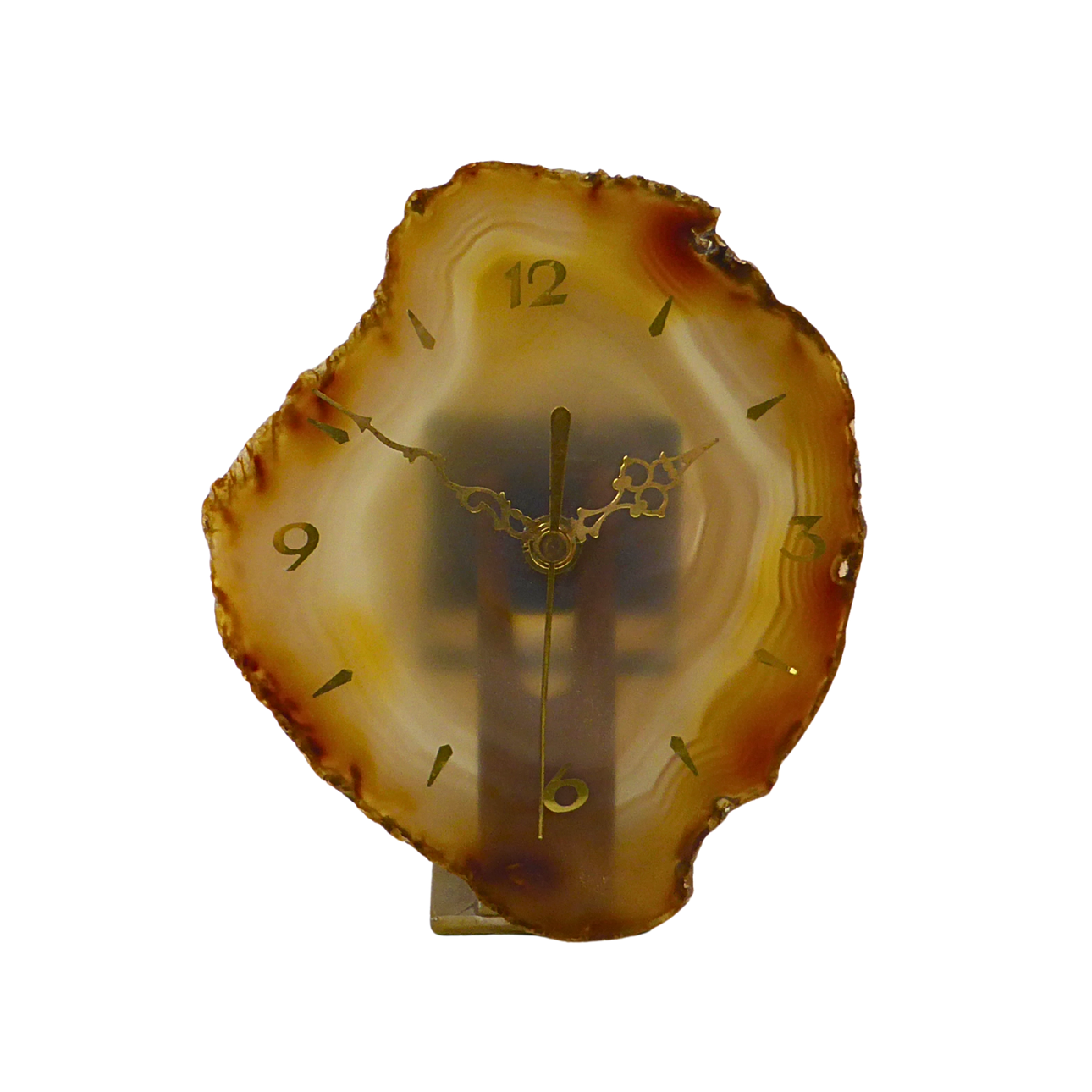 TABLE CLOCK MADE OF AGATE SLICE, MODEL NUMBER 938, MADE IN GERMANY.