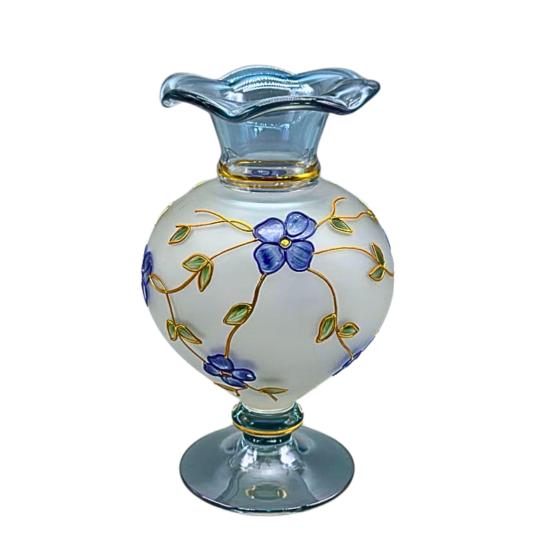 GLASS VASE IN FLORAL DESIGN.
