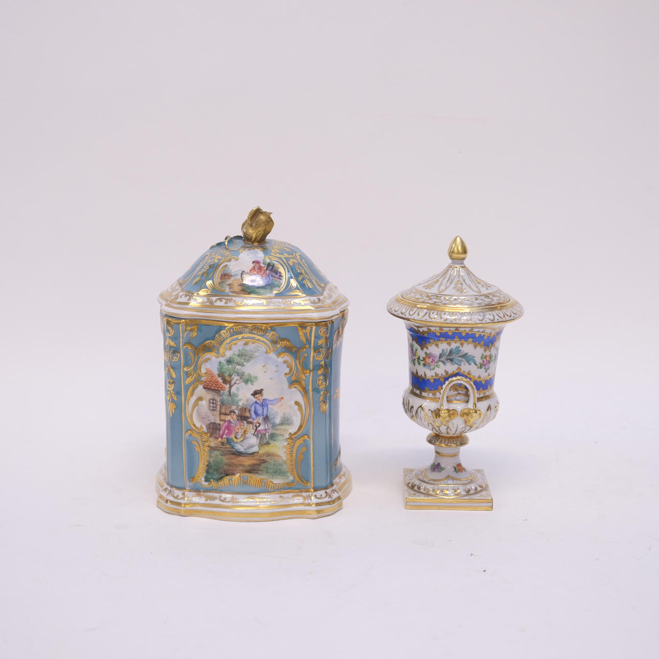 DRESDEN JAR WITH LID AND LIDDED URN.