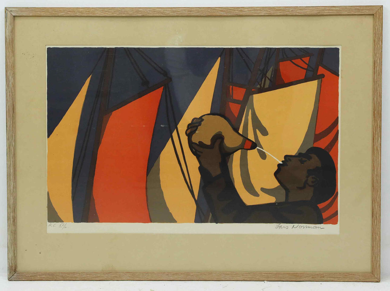 LARS NORRMAN. colour lithograph, man among sails, signed, marked HC.