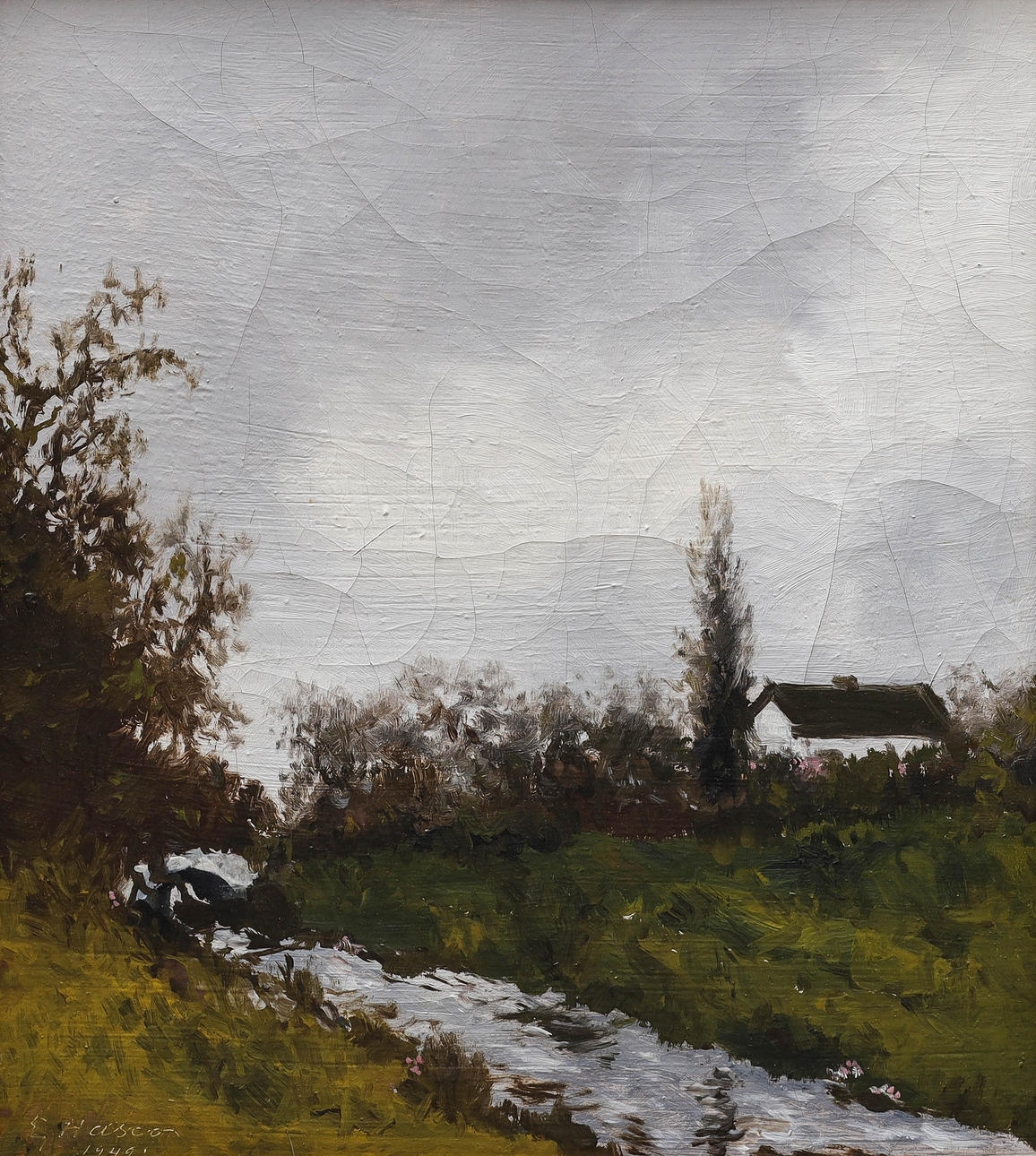 OIDENTIFIERAD KONSTNÄR. oil on panel, house by a stream, signed, dated 1949.