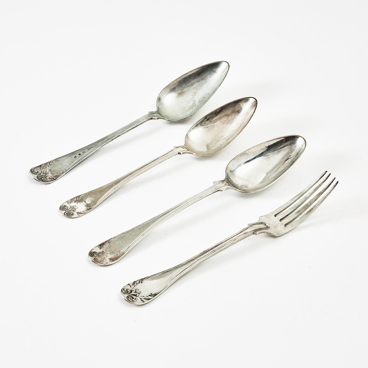 SPOONS, 3 pcs., FORK, silver, "Gammal Fransk" pattern, various makers, Sweden.