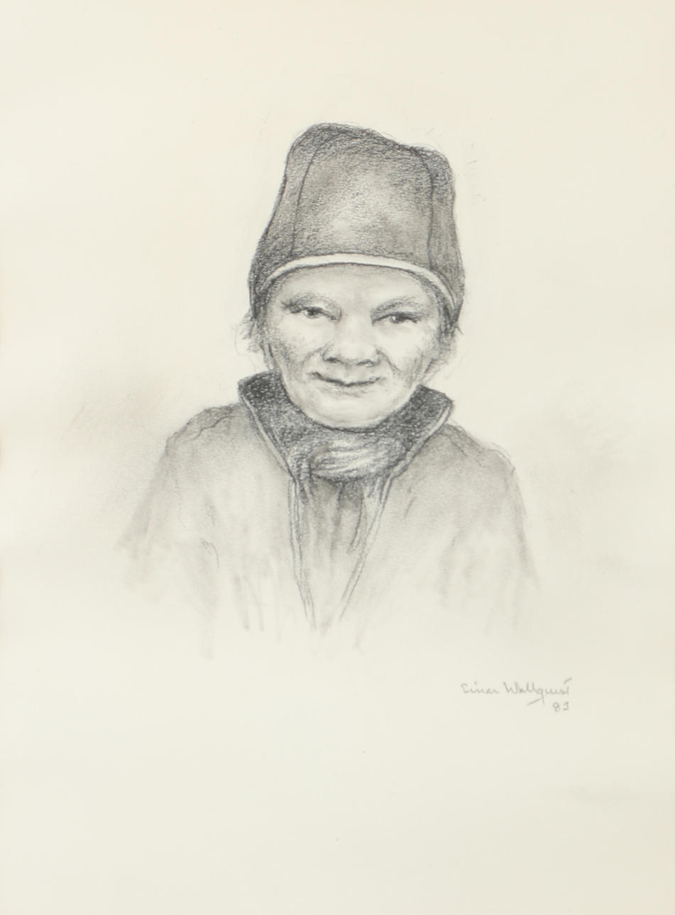 EINAR WALLQUIST. Sami woman, drawing, signed -83.