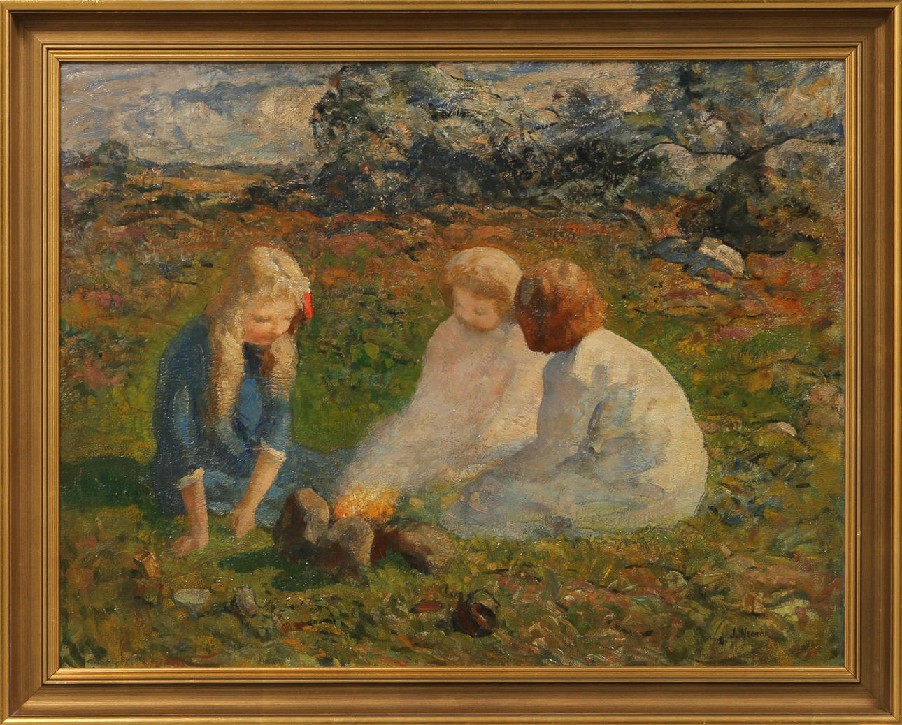 OIDENTIFIERAD KONSTNÄR, Barn på äng. Olja på duk, signerad J. Hector.