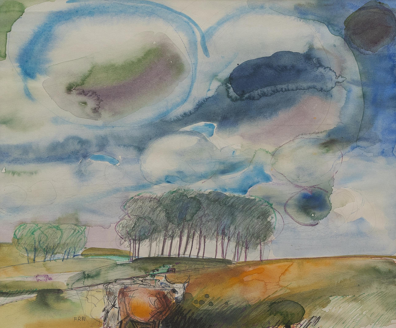FREDRIK ROHDE. Landscape with trees, watercolour, signed.