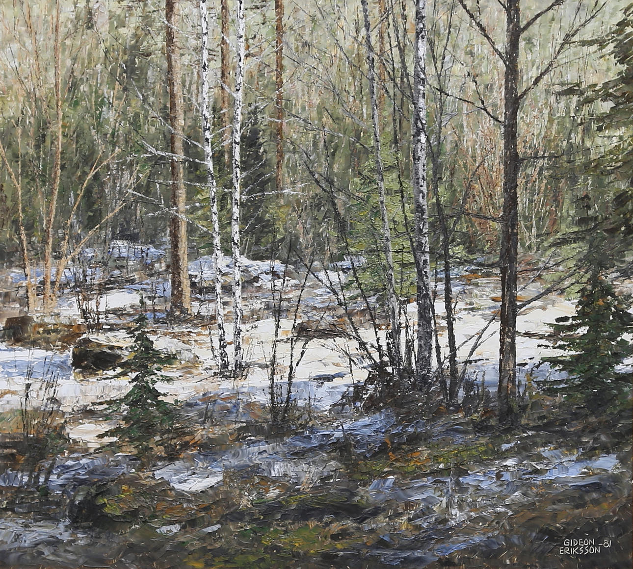 GIDEON ERIKSSON. Solbelysta björkar i skogsglänta. Olja på pannå. Signerad samt daterad -81.