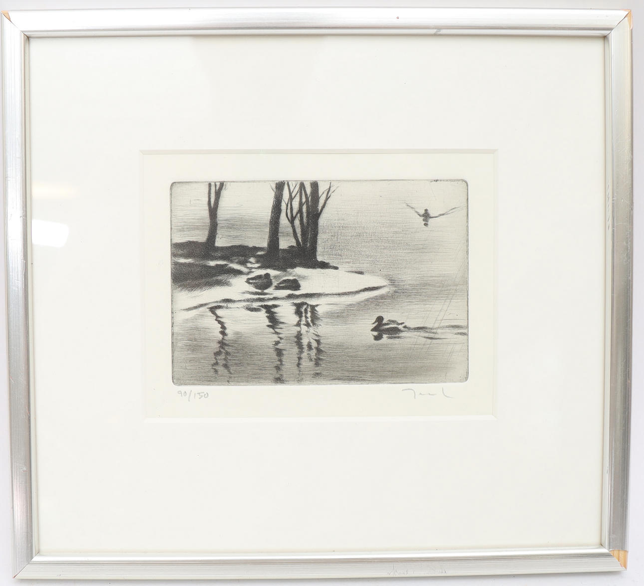 JAN LAGGAR. Watercourse with ducks, etching, signed and numbered.