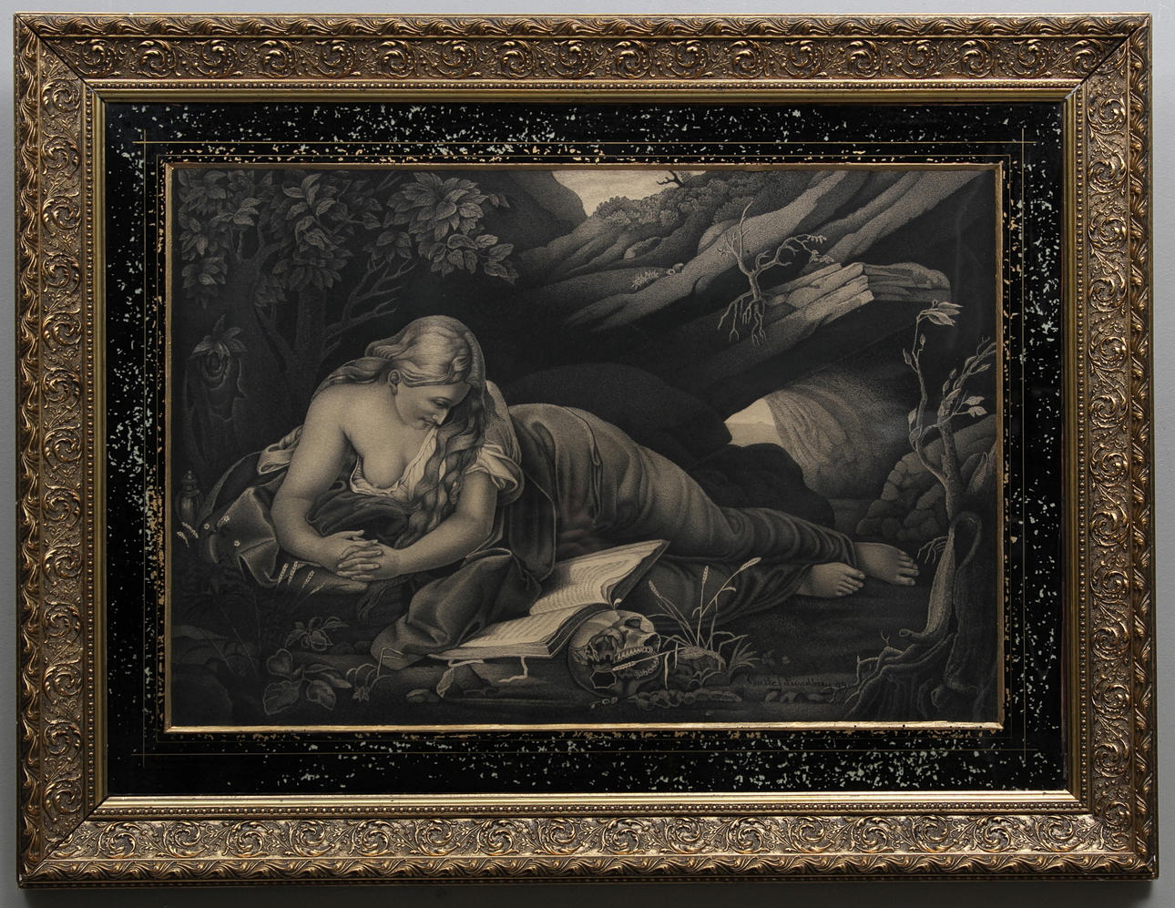 GUSTAF LUNDBERG. Motiv med läsande kvinna, vanitassymbol och grönska. Kolteckning. Signerad och daterad 94.