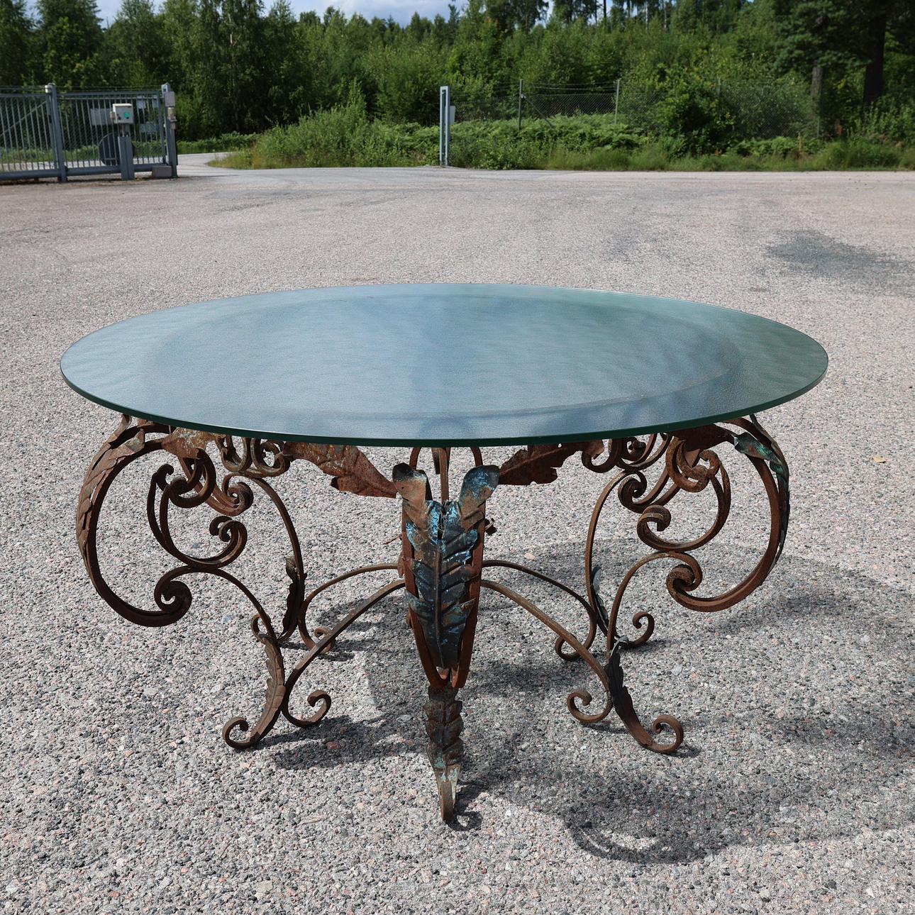 GARDEN TABLE, cast iron/glass top.
