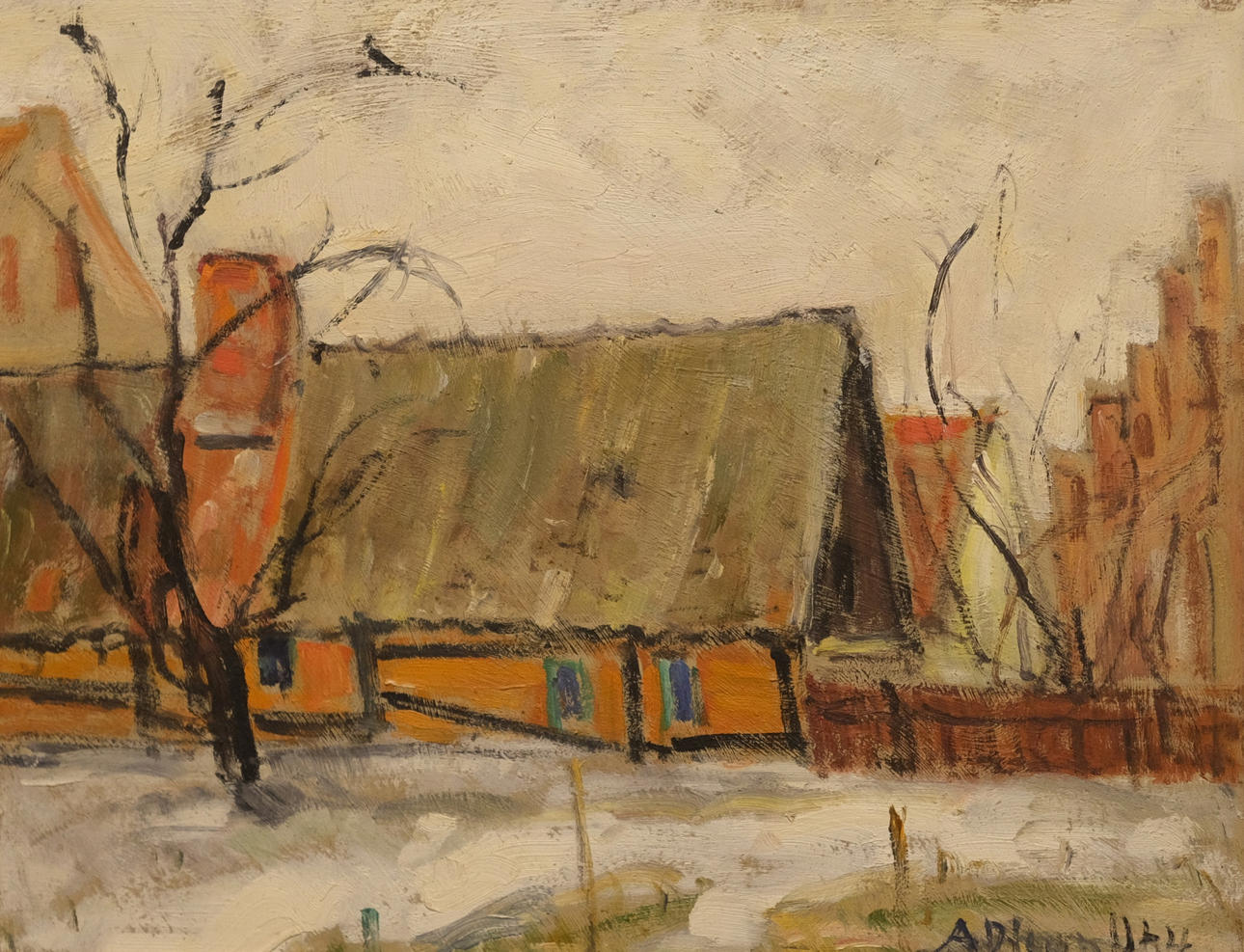 ANDERS OLSON. HALF-TIMBERED HOUSE, OIL ON PANEL.