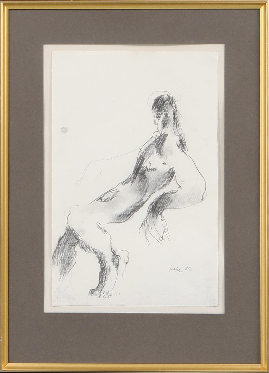 CLAES HAKE. Sittande modell, teckning, sign o dat -80.