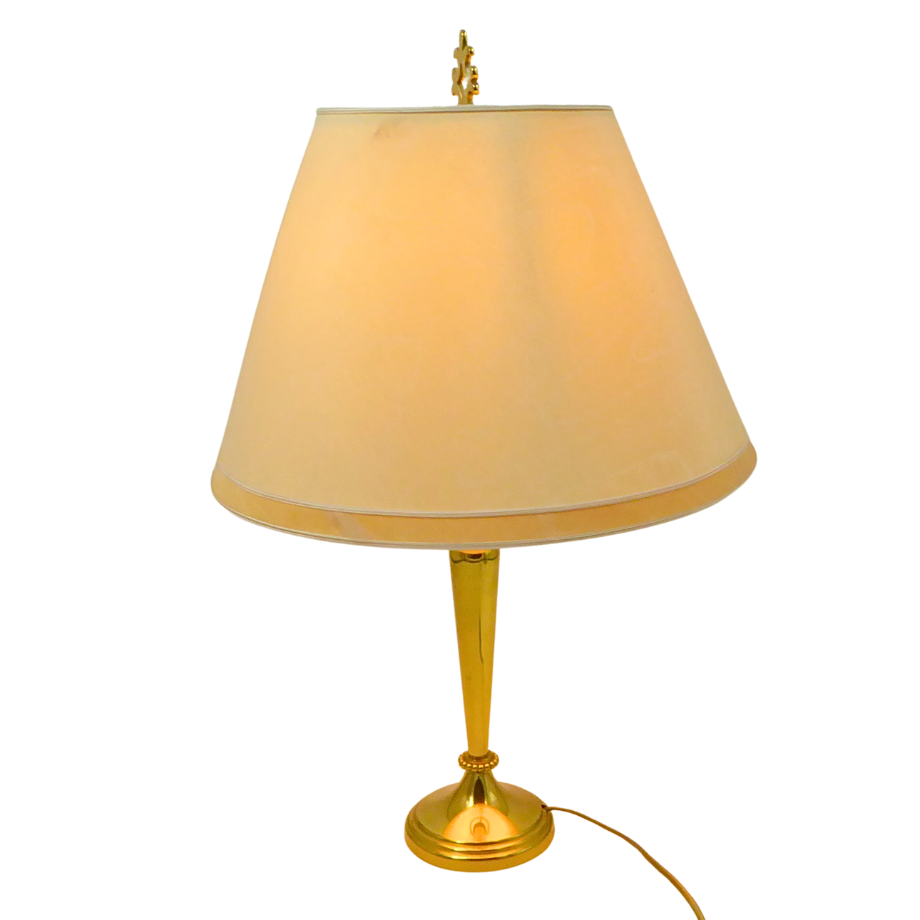 TABLE LAMP WITH BALUSTER-SHAPED METAL BASE AND TEXTILE SHADE.