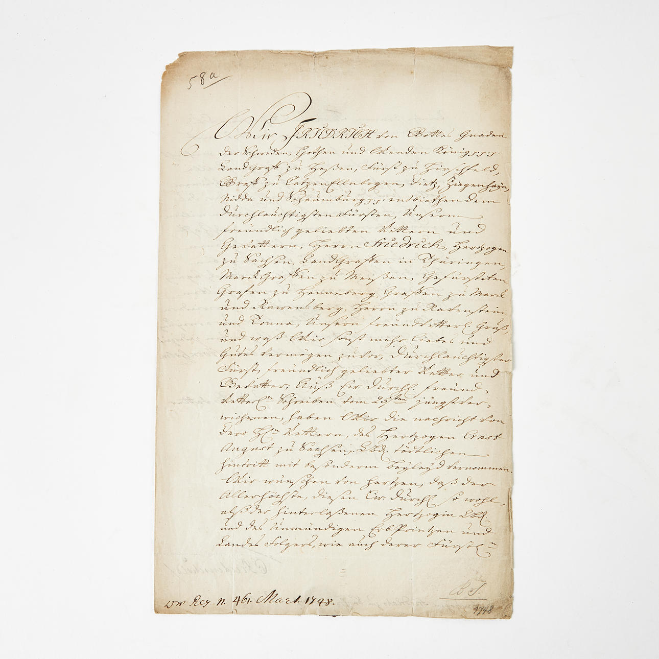 FREDRIK I - undertecknat kondoleansbrev, 1748.