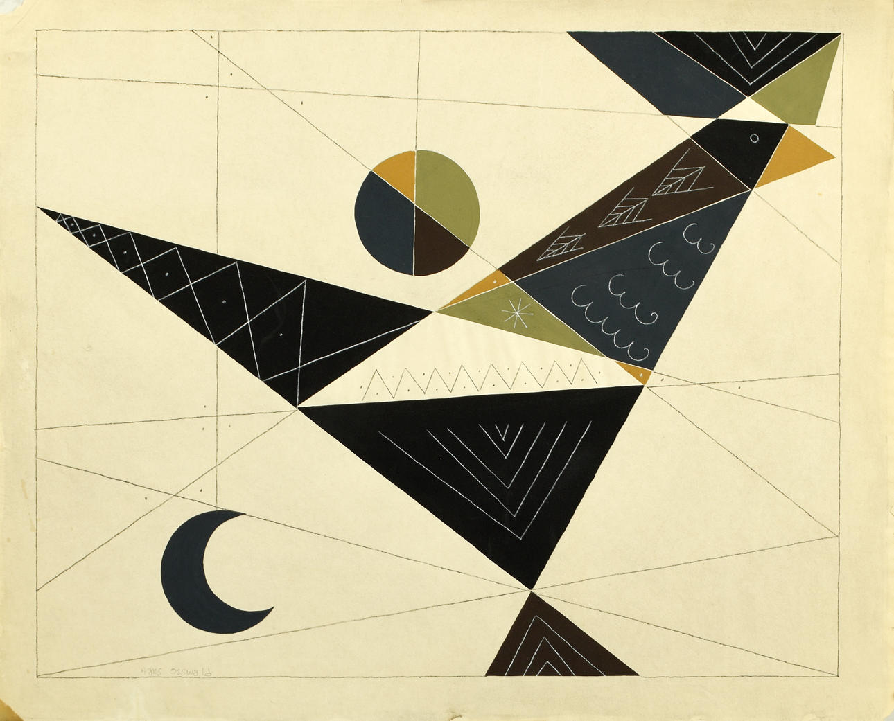 HANS OSSWALD. Mixed media on paper, composition, signed.