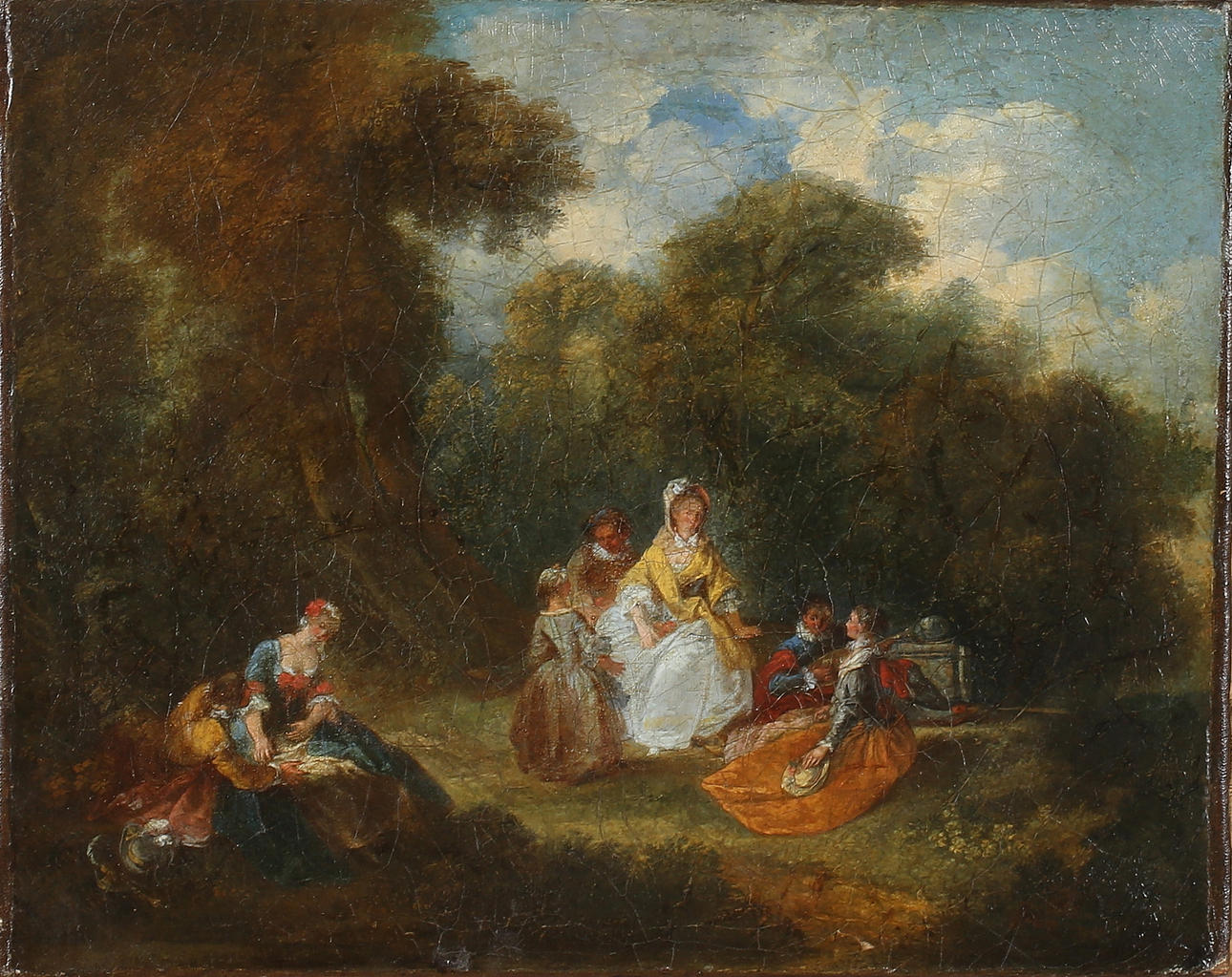 JEAN-ANTOINE WATTEAU. HANS EFTERFÖLJARE. Pastoralt landskap med vilande människor, olja på duk, 1700-tal.