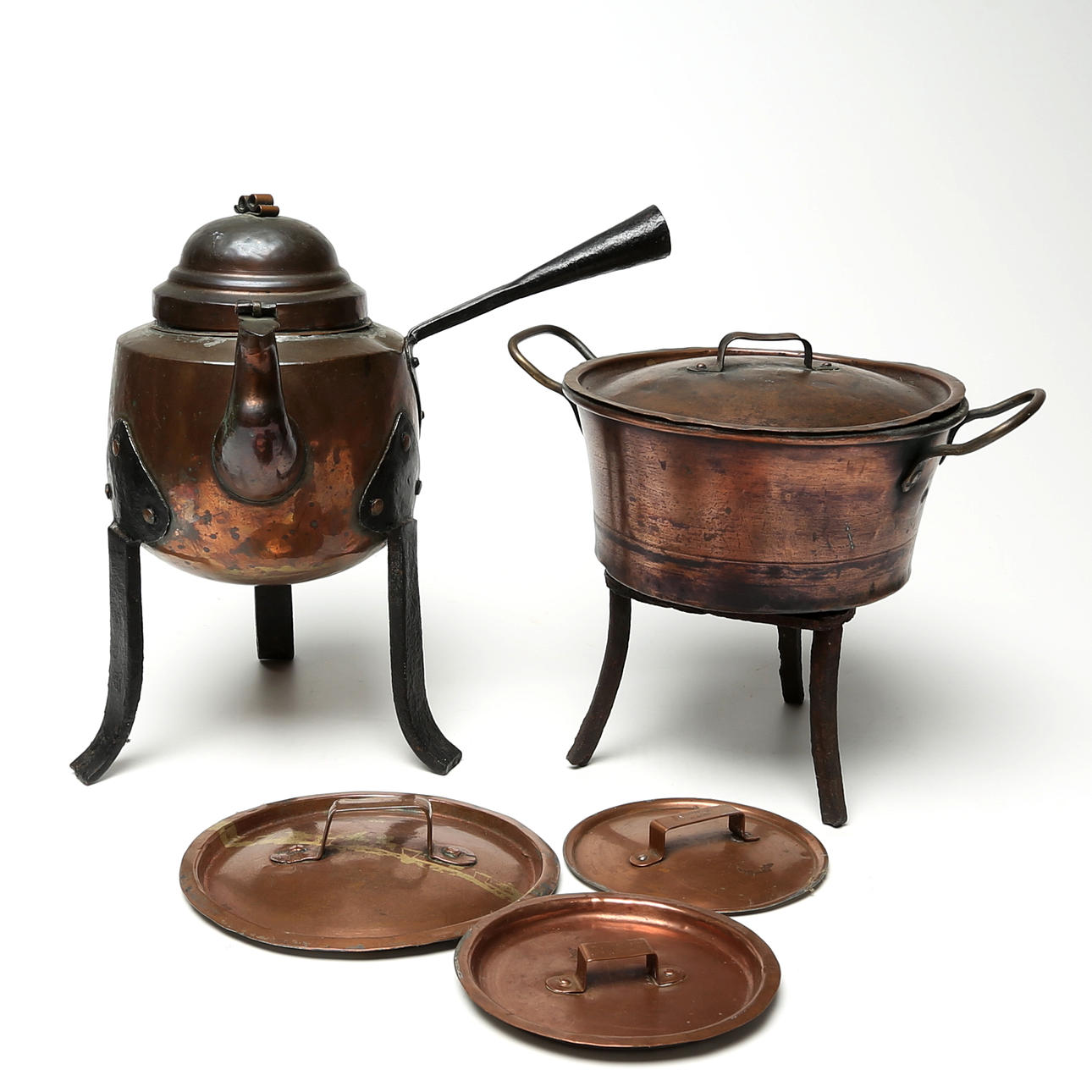 COPPER OBJECTS, 5 pcs, and iron stand.