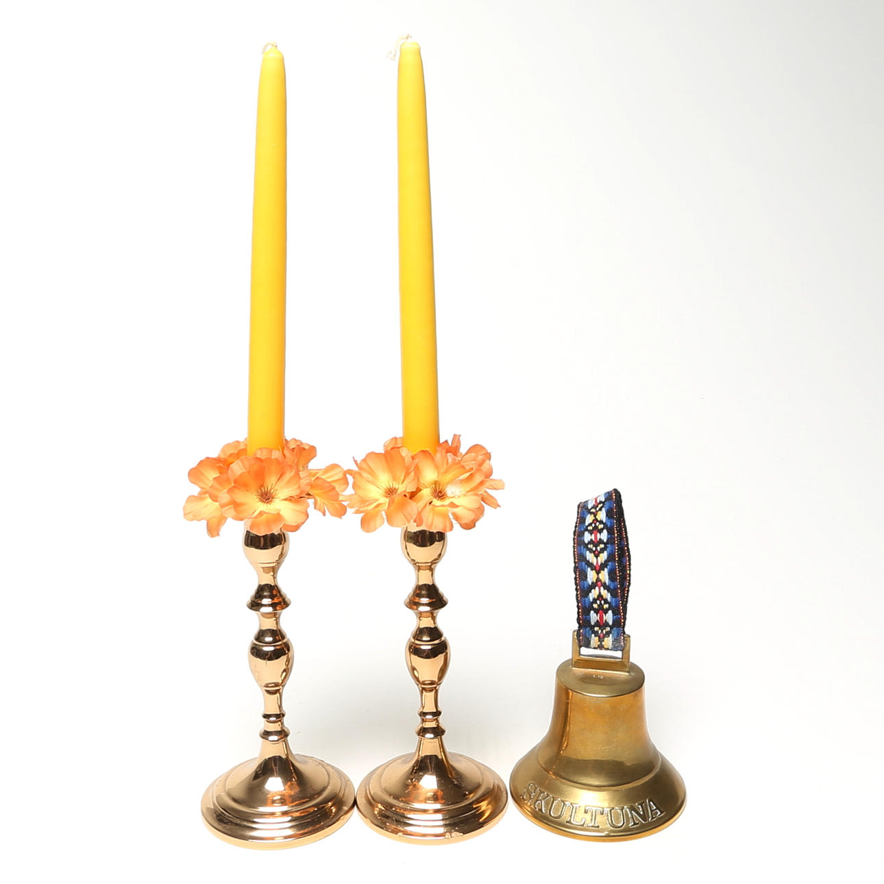 CANDLESTICKS, 1 pair and CLOCK, brass.