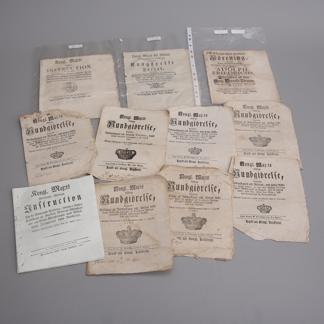 PROCLAMATIONS/INSTRUCTIONS, 10 pcs, from 1742 to 1820.