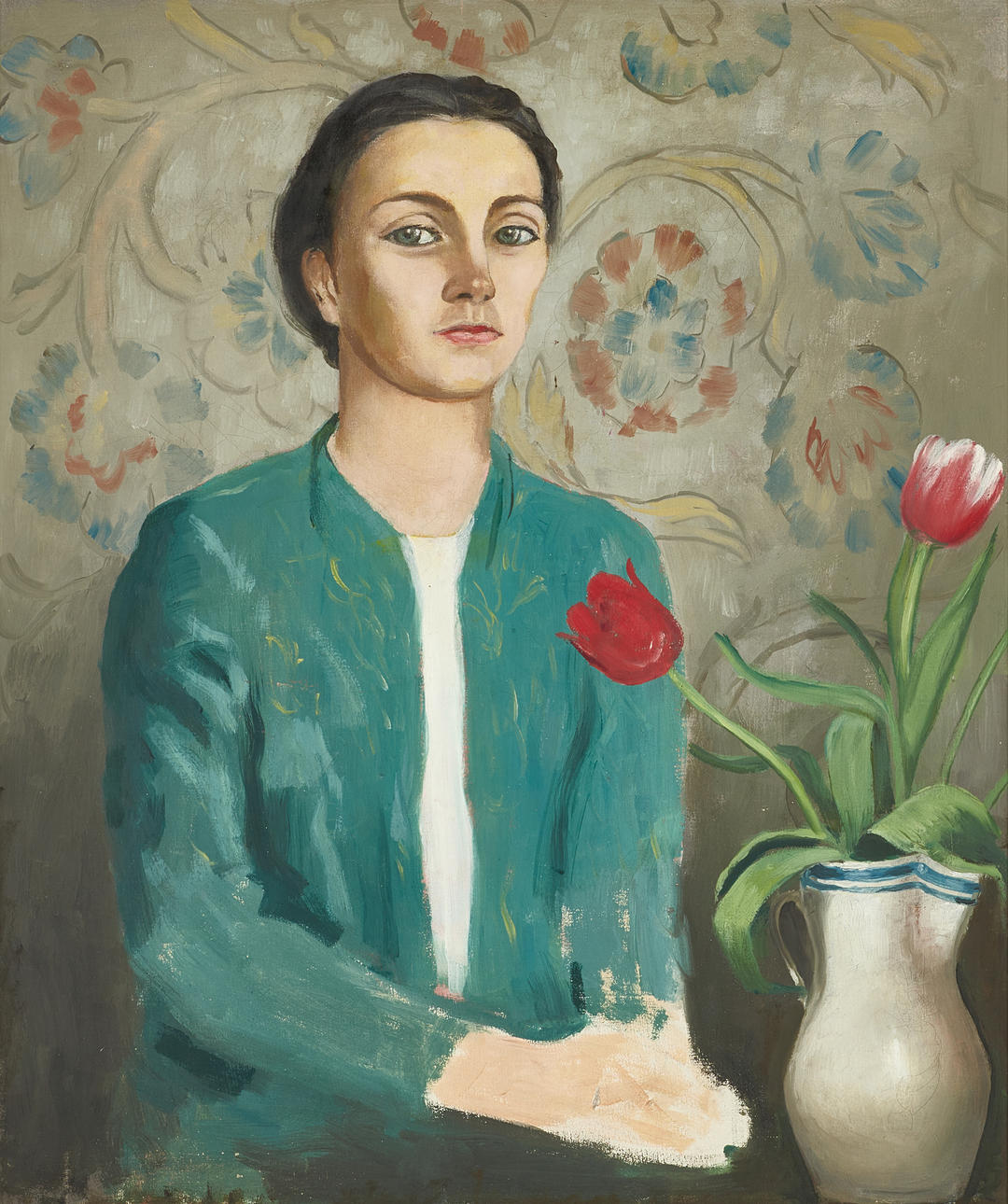 OKÄND KONSTNÄR, 1900-talets första del, Damporträtt med blommig tapet, olja på duk