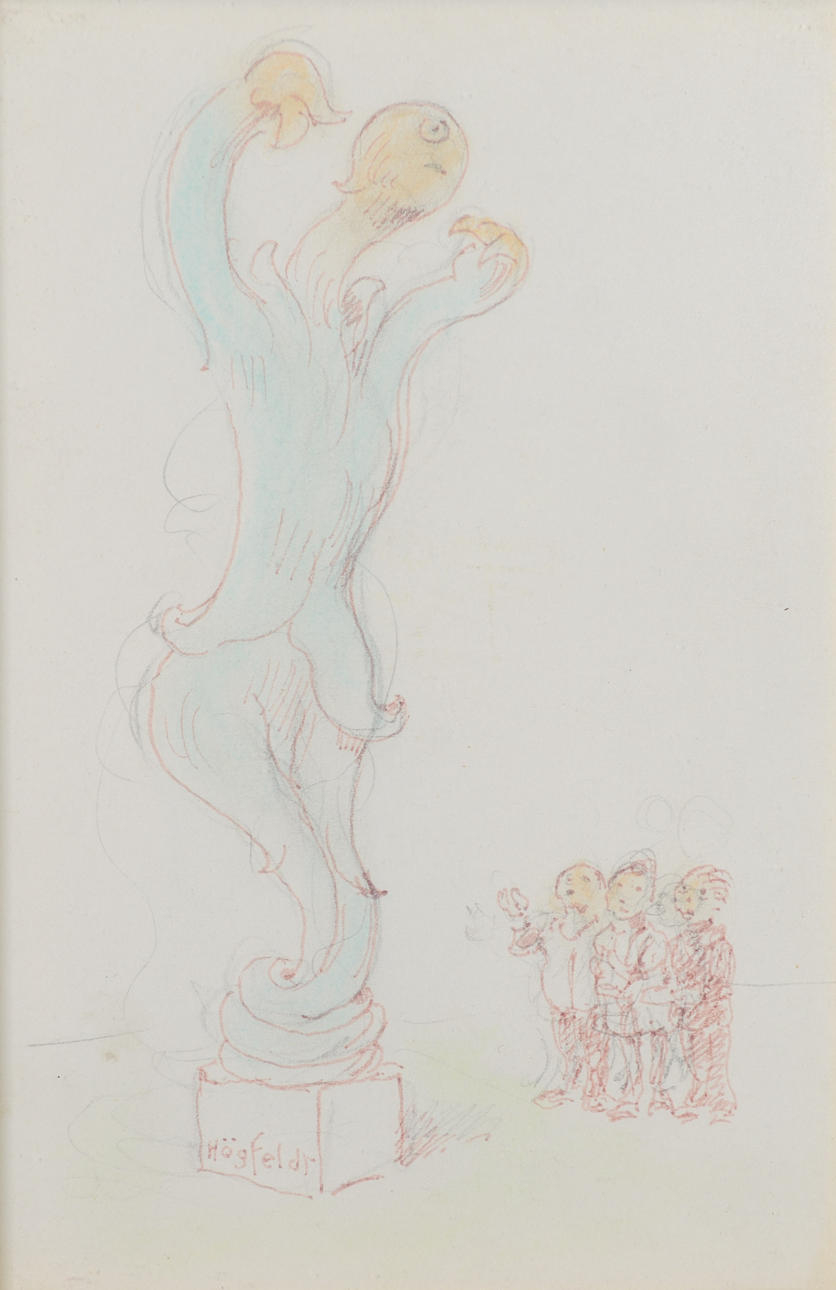 ROBERT HÖGFELDT. Surrealist statue with spectators, drawing, signed.